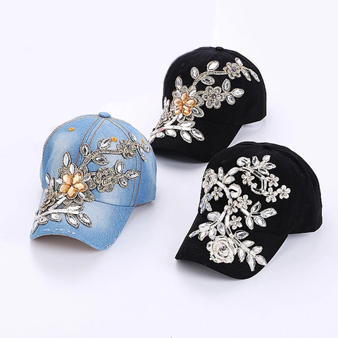 Women Baseball Cap Denim Cotton Rhinestone Flower Embroidery Adjustable Sun Protection Curved Brim Fashion Outdoor Hat