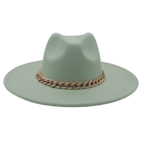 Wide Brim Fedora Hat Woolen Felt With Acrylic Gold Chain Elegant Jazz Style For Women Vintage French Fashion