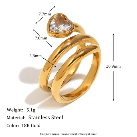 Snake Spiral Open Ring Stainless Steel 18K Gold Plated Heart Cubic Zirconia Double Layer Wrap Ring For Women Chic Jewelry