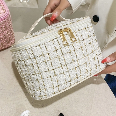 Large Capacity Tweed Cosmetic Bag Travel Toiletry Organizer Handheld Makeup Pouch With Double Zipper And Mesh Pocket
