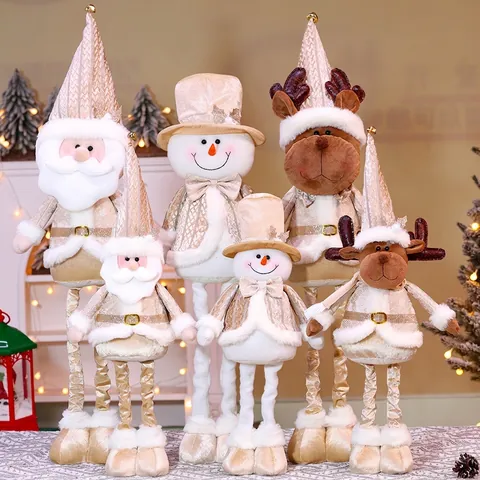 Weihnachts Weihnachtsmann Schneemann Rentier Plüschpuppe Teleskopbeine Stehend Champagnergold Festliche Hausdekoration