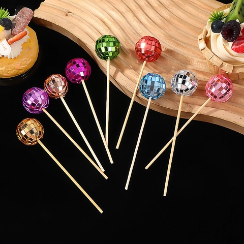 Reflective Disco Ball Cake Toppers Mirror Surface With Wood Stick Birthday Party Wedding Decoration Retro Party Supplies