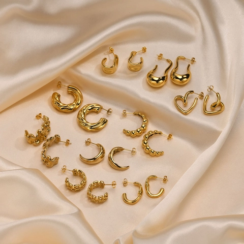 Pendientes De Aro Gruesos Acero Inoxidable Chapado En Oro IP Forma C Textura Tejida Gota Corazón Joyería Minimalista Para Mujer