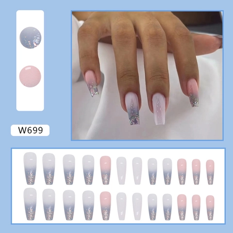 Long Coffin Shape Press On Nails Blue Pink Gradient Glitter Shimmer Artificial Glossy False Nails For Women