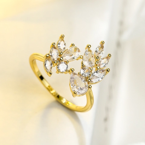 Anillo Abierto Geométrico de Cobre Circonia para Mujer Elegante Anillo Ajustable en Forma de Hoja Joyería Minimalista