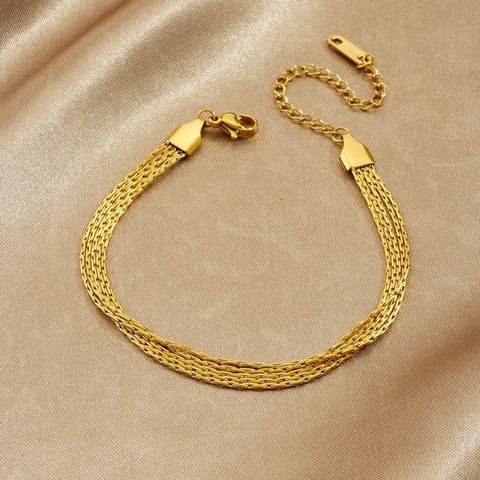 Hammered Multi-Layer Woven Chain Bracelet Stainless Steel Gold Plated Adjustable Minimalist Jewelry For Women