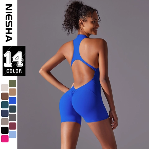 Women Sports Yoga Jumpsuit Nylon Spandex Zipper Front Backless Ruched Butt Athletic Romper Sleeveless High Elasticity