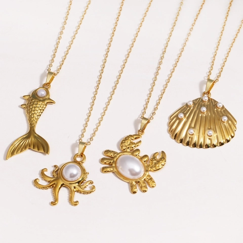 Oceaan Dier Hanger Ketting Roestvrij Staal Kunstparel Krab Octopus Schelp Vis Mode Sieraden Voor Vrouwen