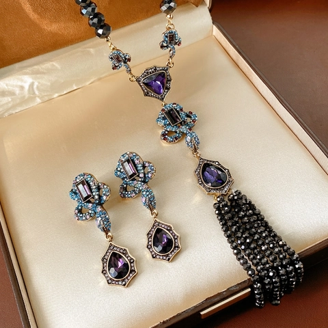 Vintage Snake Necklace And Earrings Jewelry With Silver Earring Post Purple Blue Glass Rhinestone Tassel Luxury Bohemian