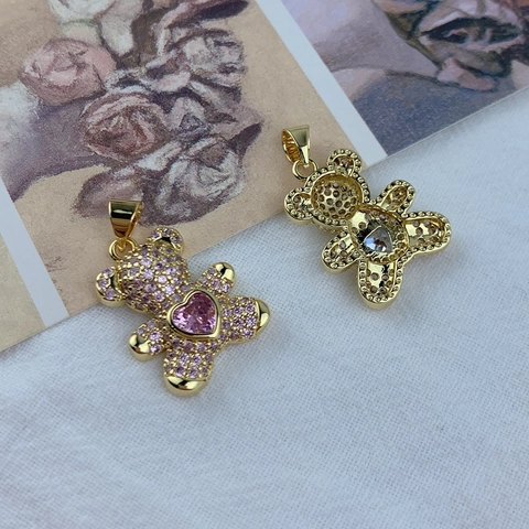 Ciondolo Orso Animale di Moda Con Cuore in Rame Intarsiato in Zirconia Placcato Oro Accessori Gioielli Fai da Te Donna