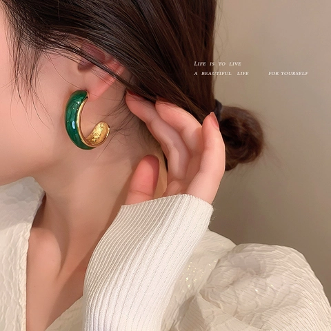 Vintage Green Enamel Geometric Earrings Alloy With 925 Sterling Silver Earring Post French Retro Style Women