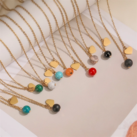 Collier Pendentif Coeur Acier Inoxydable Pierre Naturelle Perle Simple Élégant Bijoux De Mode Chaîne De Clavicule Pour Femmes