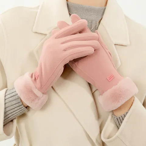 Winter Thermal Gloves Women De Velvet Thickened Windproof Touchscreen Faux Fur Cuff Outdoor Cold Weather Fashion