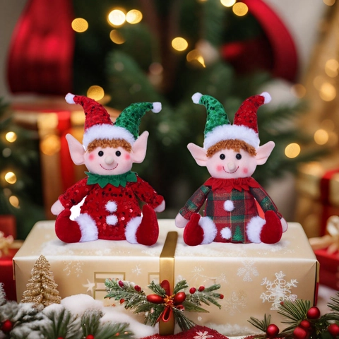 Christmas Elf Dolls Sequin Plaid Fabric Plush Sitting Gnomes Window Desktop Holiday Home Decor Ornaments