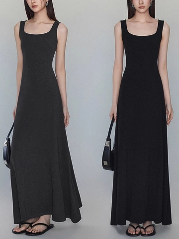 Minimalistisches Ärmelloses Maxi Kleid Baumwollmischung Eckiger Ausschnitt Slim Fit Einfarbig Sommer Langes Tankkleid