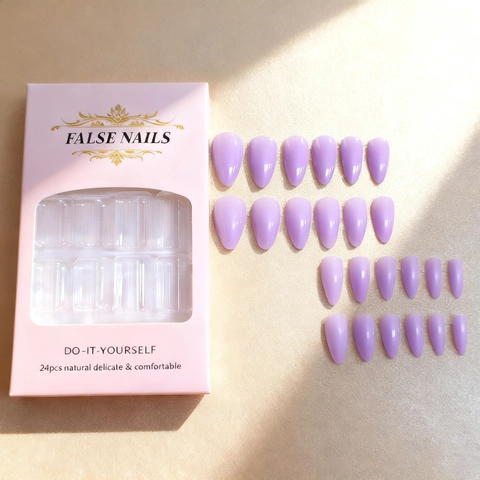 Light Purple Press On Nails Long Almond Shape Glossy ABS False Nails Minimalist Lavender DIY Manicure For Women