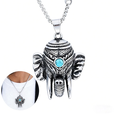 Collana Con Pendente Testa Di Elefante Retrò Acciaio Inossidabile Con Turchese Blu Gioielli Etnici Tribali Per Uomo Donna