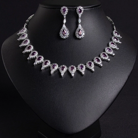 Elegantes Braut Schmuckset Kupfer Wassertropfen Zirkonia Halskette Ohrringe Ring Armband Silberfarbene Accessoires Für Damen