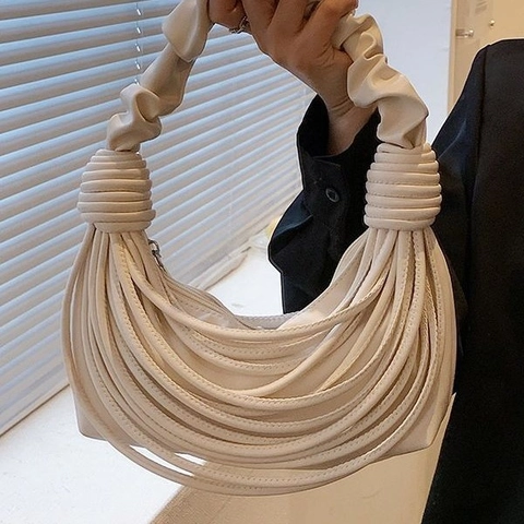 Women Ruched Pleated Shoulder Bag PU Leather Multi Layer Tube Design Knotted Handle Chic Half Moon Underarm Handbag