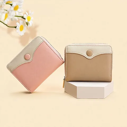 Damen Kurze Brieftasche PU Leder Mehrere Kartenfächer Reißverschluss Münzfach Kontrastfarbe Minimalistischer Geldbeutel
