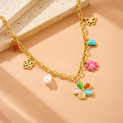 Stainless Steel Necklace Colorful Resin Flower Daisy Butterfly Artificial Pearl Heart Multi Charm Fashion Jewelry For Women