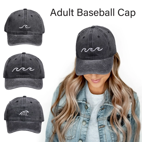 Washed Cotton Baseball Cap Retro Vintage Distressed Dad Hat With Wave Embroidery Adjustable For Adult Unisex Streetwear