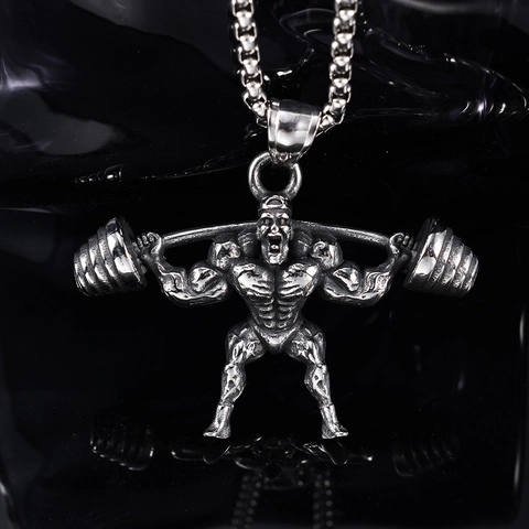 Barbell Weightlifting Muscle Man Pendant Necklace Stainless Steel Fitness Gym Punk Gothic Vintage Jewelry For Men