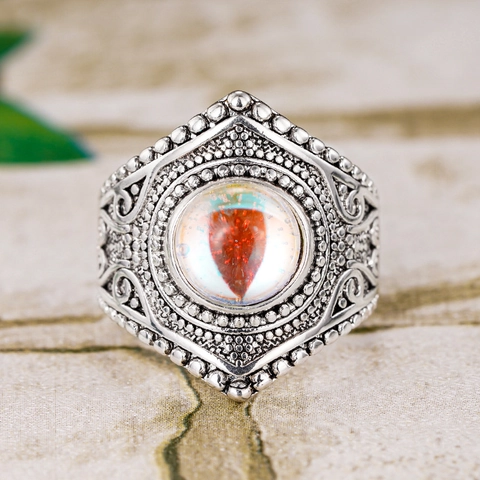 Vintage Copper Ring With Faux Moonstone Antique Silver Finish Bohemian Ethnic Shield Style Jewelry For Women