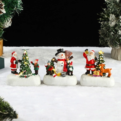 Christmas Desktop Figurine Resin LED Glowing Santa Claus Snowman Reindeer Miniature Xmas Home Decor Gift Luminous