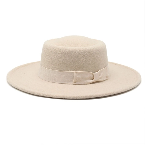 Retro Boater Hat Wool Felt Flat Top Wide Brim Ribbon Bow Elegant British Style Fedora Unisex