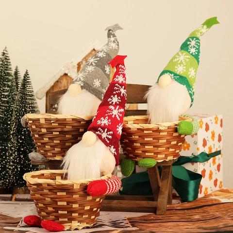 Panier à Bonbons de Gnome de Noël Panier de Rangement en Bambou Tissé Nordique Poupée Sans Visage Décoration de Fête