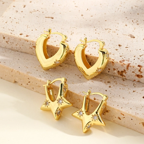 Hollow Heart Star Earrings Copper Zircon 18K Gold Plated V Shaped Huggie Hoops For Women Fashion Jewelry