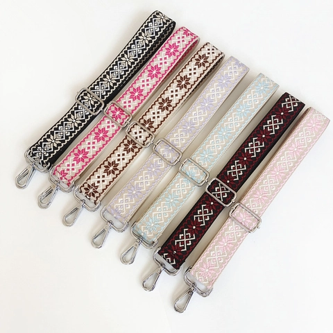 Adjustable Shoulder Bag Strap Wide Replacement Jacquard Canvas Belt With Metal Swivel Hooks Geometric Ethnic Style For Handbags