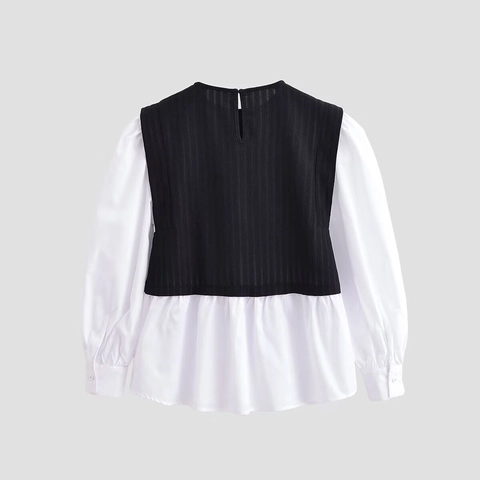 Top Falsa Dos Piezas para Mujer Contraste de Color Mangas de Linterna Cuello Redondo Patchwork Dobladillo con Volantes Blusa Francesa