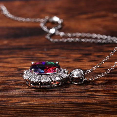 Vintage Oval Multi Color Gemstone Pendant Necklace Copper Zircon Halo Luxury Court Style Jewelry For Women