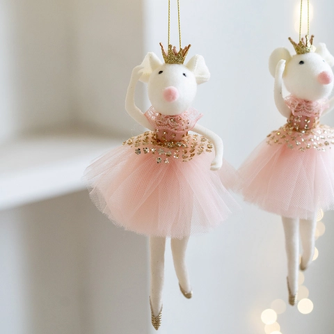 Cute Felt Mouse Ballerina Hanging Ornament With Pink Tulle Tutu Skirt Gold Crown Creative Christmas New Year Festival Home Decoration