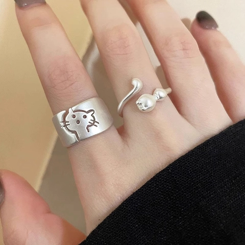 Cute Cat Rings For Women Matte Copper Adjustable Open Finger Ring Minimalist Animal Jewelry Accessory