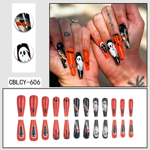 Halloween Long Coffin Press On Nails Ghost Spider Web Bat Pumpkin Glossy False Nails Wearable For Women Party Festive