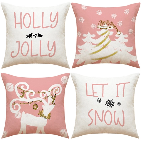 Weihnachts Kissenbezüge Rosa Leinen Rentier Schneeflocken Muster Feiertag Heimdeko Sofa Kissenhülle Nordischer Stil