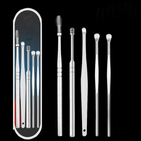 Stainless Steel Ear Pick Tool Kit Portable Ear Wax Removal Cleaning Tools With Spiral Spring Spoon Heads