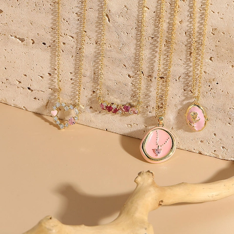 Pink Enamel Heart Rose Pendant Necklace 14K Gold Plated Copper Zircon Bohemian Style Jewelry For Women