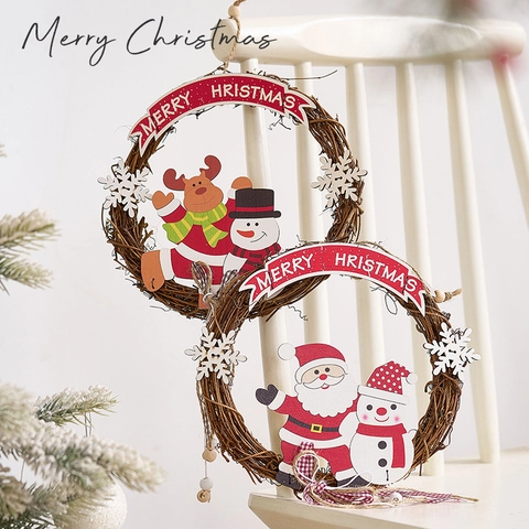 Weihnachts Kranz Rattan Holz Hängedeko Mit Weihnachtsmann Schneemann Rentier Frohe Weihnachten Banner Karo Schleife