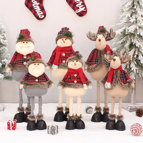 Weihnachts Plüschpuppe Weihnachtsmann Schneemann Rentier Ornament Lange Beine Teleskop Ausziehbar Plaid Stoff Kunstpelz Dekor