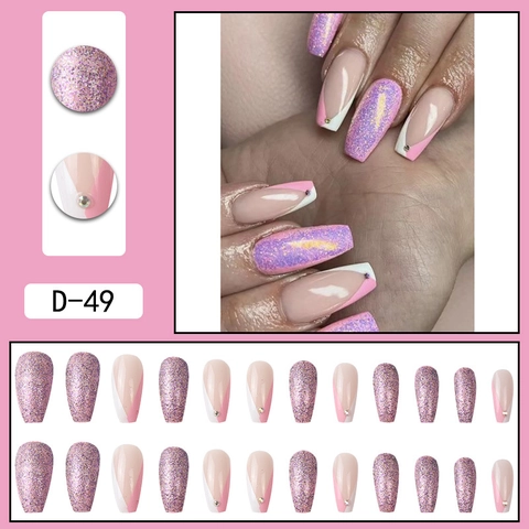 Französisch V-Shape Press On Nägel Ballerina Coffin Falsche Nägel Glitter Farbverlauf Pink Lila Strass Maniküre