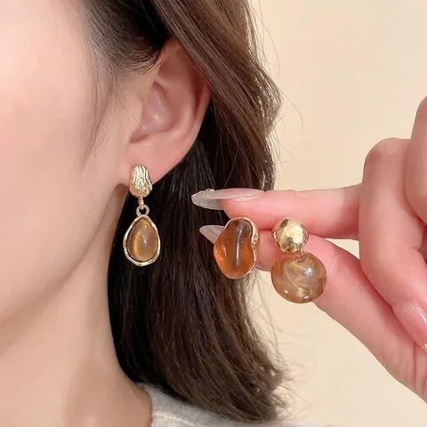 Orecchini In Resina Stile Ambra Vintage Gioielli Geometrici Rotondi A Goccia Con Perno In Argento Per Donna
