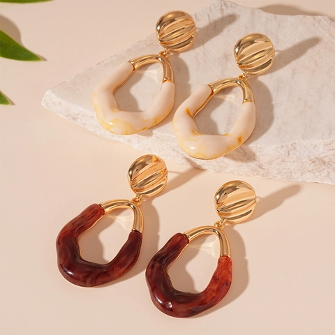Orecchini Pendenti Geometrici Irregolari Resina Motivo Marmoreo Lega Con Perno In Argento Vintage