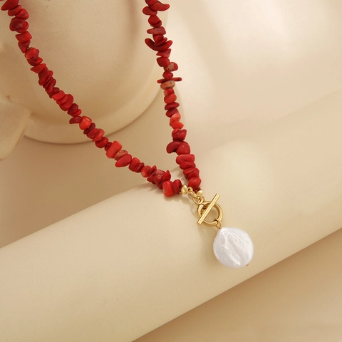 Artificial Baroque Pearl Pendant Necklace Natural Stone Chips Beaded Choker Vintage Bohemian Jewelry For Women Toggle Clasp