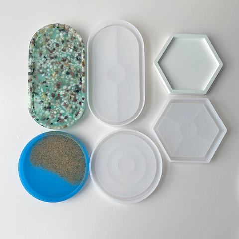 Coaster Silicone Mold Round Hexagon Oval Shape DIY Epoxy Resin Casting Tray Plate Handmade Craft Tool Accessory