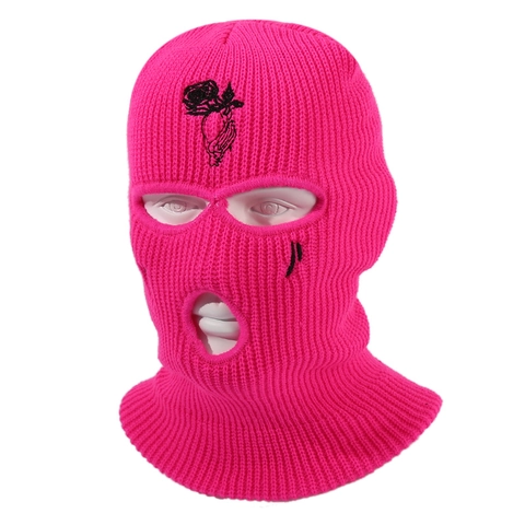 Acryl Geborduurd Roos Bivakmuts Gebreide Drie-Gats Skimasker Winter Winddicht Outdoor Fietsen Pullover Hoed Voor Heren Dames