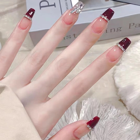 Wine Red French Press On Nails Rhinestone Coffin Shape Artificial Fake Nails Glossy Sweet Style For Women